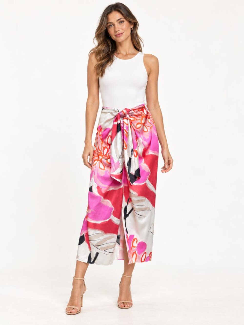 Zara Multicoloured Floral Printed Knotted Satin Midi Skirt Size Large
